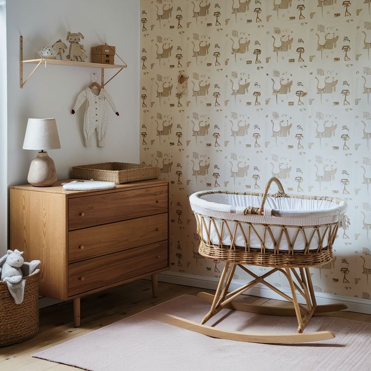 a baby's room with a crib, dresser and wallpaper