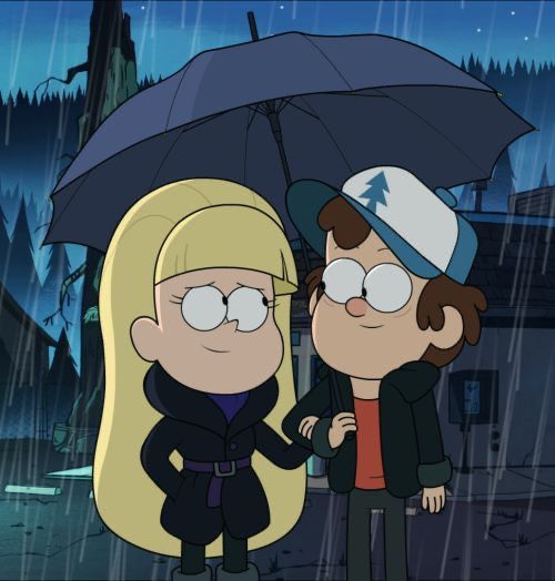 two cartoon characters standing under an umbrella in the rain, one is wearing glasses and the other has blonde hair