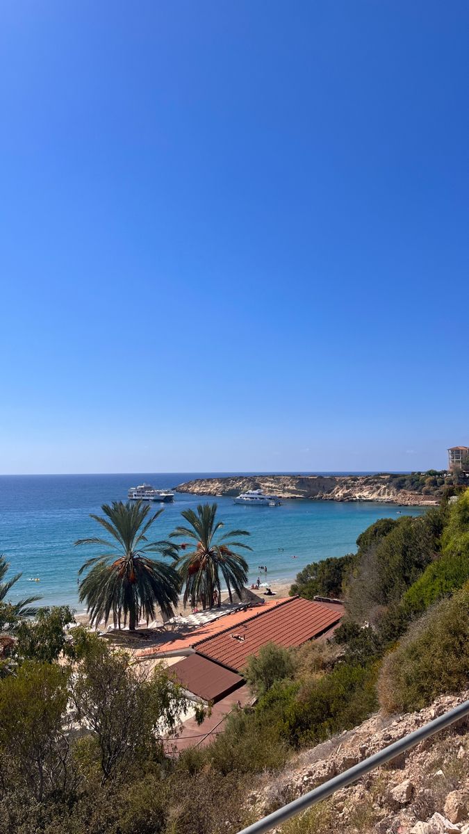 the beach is surrounded by palm trees and blue water