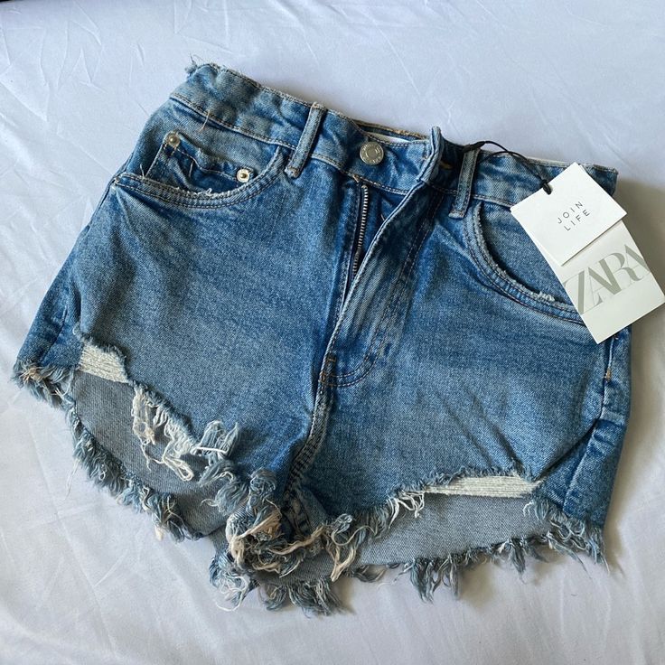 Size: 2 Color: Blue Never Worn Before, Tags Still On Zara High Waist Jean Shorts For Summer, Blue Denim Jean Shorts For Summer, Summer Blue Denim Jean Shorts, Blue Summer Jeans, Zara Blue Jean Shorts With Frayed Hem, Zara Bottoms With Frayed Hem For Summer, Zara Summer Bottoms With Frayed Hem, Zara Trendy Jean Shorts For Summer, Summer Denim Blue Jeans With Frayed Hem