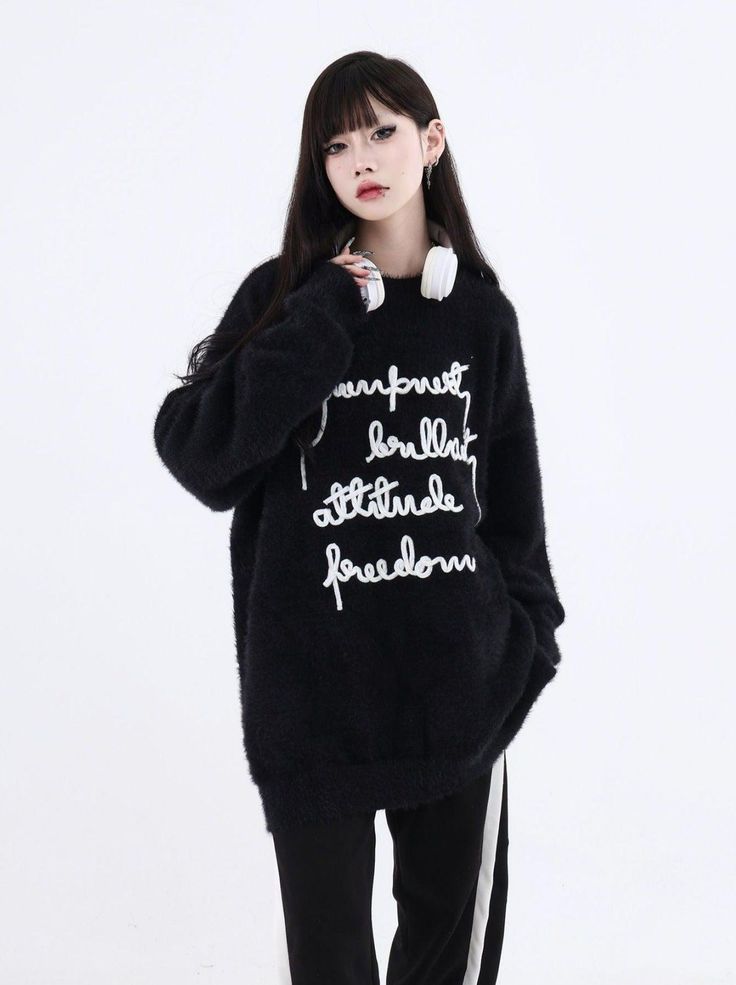 Stay cozy and stylish with our Faux Sweater with Embroidered Slogan. This trendy piece is perfect for any casual outing, featuring a comfortable fit and eye-catching embroidery. Ideal for all-season wear. Size Chart: Size (cm) M L XL Length 72 74 76 Chest 120 124 128 Shoulder 60 62 64 Model Information: Height: 160cm, Weight: 40kg, Wearing Size: M Fall Outerwear With Letter Embroidery, Fall Streetwear Sweater With Letter Embroidery, Fall Crew Neck Outerwear With Letter Embroidery, Black Outerwear With Letter Embroidery For Fall, Black Fall Outerwear With Letter Embroidery, Fall Black Outerwear With Letter Embroidery, Black Letter Print Outerwear For Fall, Black Letter Embroidery Outerwear For Fall, Black Outerwear With Letter Embroidery For Spring