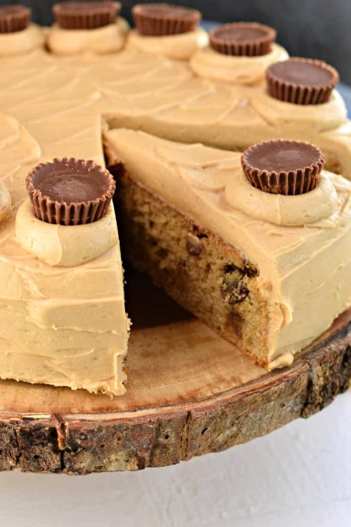 a cake with frosting and peanut butter on top