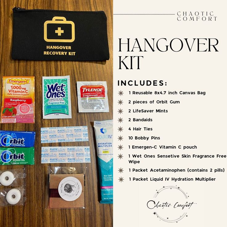 the hangover kit includes toiletries and other items