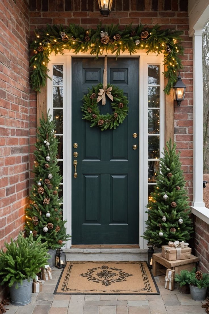 the front door is decorated for christmas with greenery and wreaths