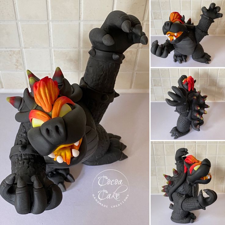 four different images of a black dragon figurine