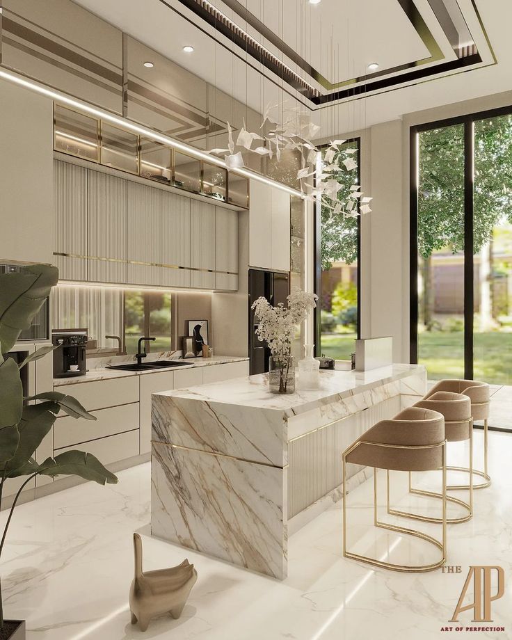 a modern kitchen with marble counter tops and stools in front of large glass windows