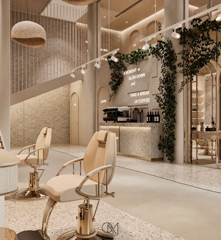 the interior of a hair salon with chairs and plants growing on the wall behind it