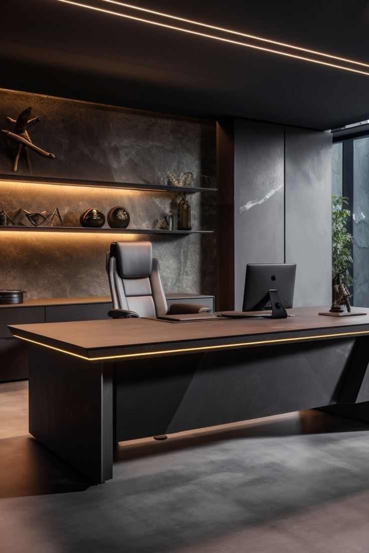 an office desk with two chairs and a laptop on it in front of a large window