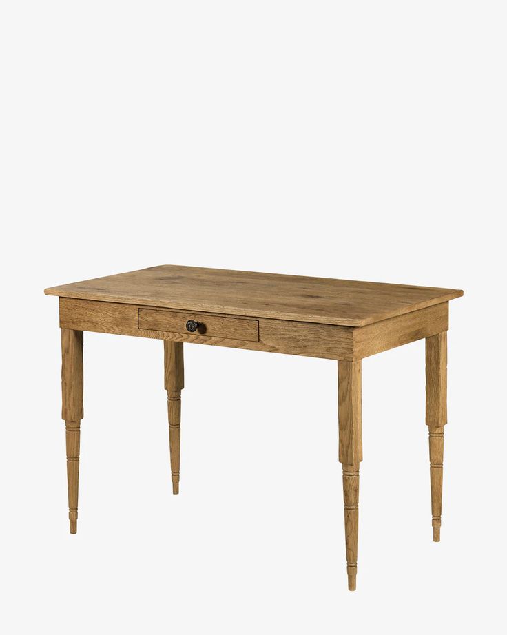 a wooden table with two drawers on one side and an open drawer on the other