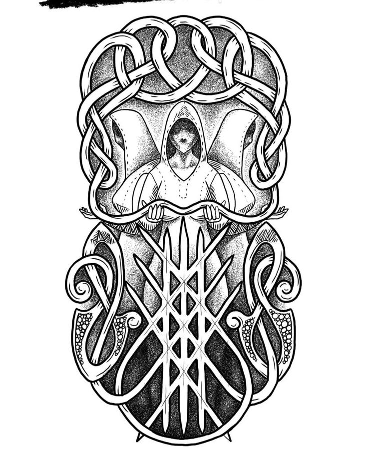 a black and white drawing of a person in the middle of an intricate design