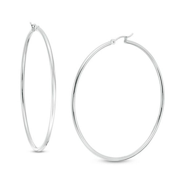 Simple and classic, these earrings are great for any daytime look. Fashioned in cool 14K white gold, these 2.0 x 60.0mm hoop earrings are finished with a bright finish. These earrings secure comfortably with latch backs. Fine Jewelry Hypoallergenic Round Hoop Earrings, Fine Jewelry Round Hoop Earrings With Shiny Finish, Round Hoop Earrings With Shiny Finish, Polished Round Hoop Earrings Fine Jewelry, White Gold Hoop Jewelry With Shiny Finish, Classic Sterling Silver Hoop Jewelry, Classic White Gold Hoop Earrings Gift, Classic Sterling Silver Tarnish Resistant Hoop Earrings, Classic Tarnish Resistant Sterling Silver Hoop Earrings