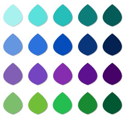 different shades of blue, green and purple are shown in the shape of tears