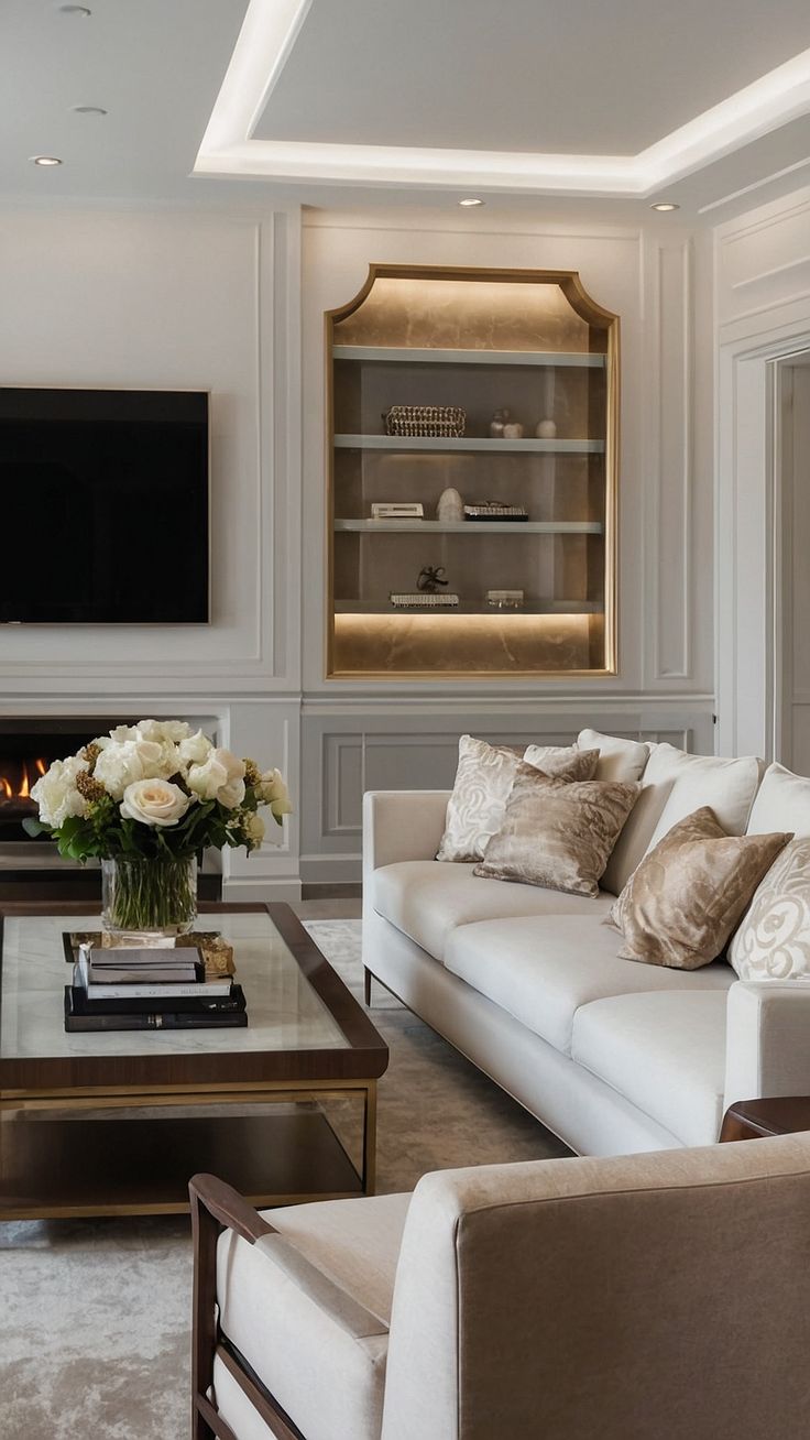 a living room filled with furniture and a flat screen tv mounted on the wall above a fireplace