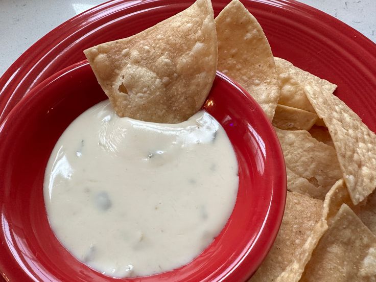 a red bowl filled with white sauce and tortilla chips on top of it