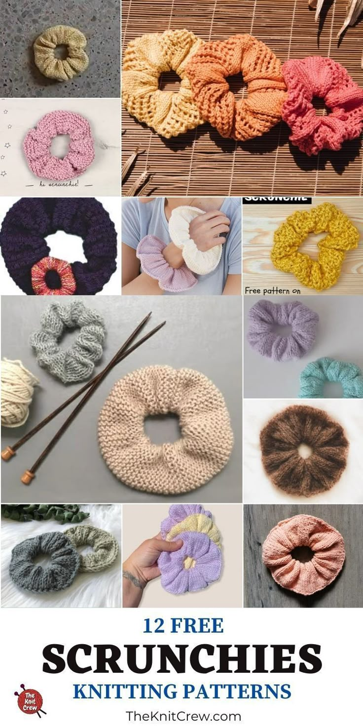 knitted scrunchies with text overlay that reads, 12 free crochet scrunches knitting patterns