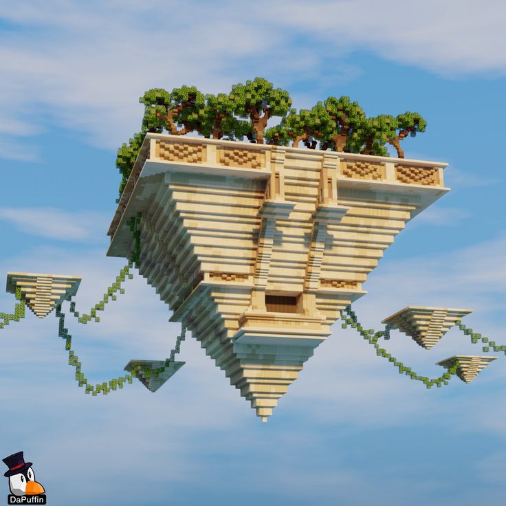 an upside down building with trees growing out of it's sides and the sky in the background