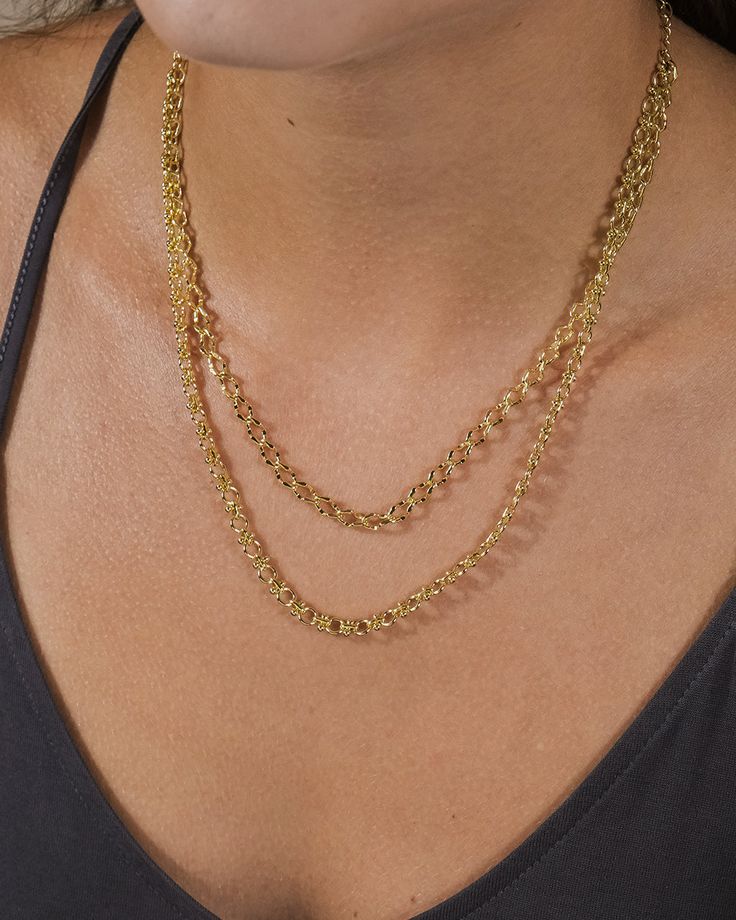 This accessory is double the glamour! Luxe layers make this necklace a perfect addition to any outfit. You'll turn heads when you wear this piece in both gold and silver tones. Available in gold and silver tones. Materials: 14K gold or rhodium plated brass Features: Measures 16-18" with 2" extender, 0.15" chain width, Lead & Nickel free, lobster clasp Gold-tone Multi-strand Necklaces For Layering, Dainty Double Chain Link Necklace, Chic Multi-strand Gold-tone Jewelry, Silver Necklaces With Gold Chain In Brass, Gold Metal Jewelry With Double Chain, Gold Double Chain Metal Jewelry, Chic Brass Chain Necklace, Chic Gold-tone Multi-strand Jewelry, Elegant Gold-tone Chain Necklace For Layering