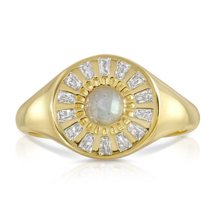 Elizabeth Stone's 14k gold plated brass signet ring with genuine labradorite and  sparkling cz baguette stones.  RIng setting is 12 mm diameter Gem is 4 mm Elizabeth Stone, Labradorite Ring, Ring Setting, Cz Stone, Signet Ring, Semi Precious Gemstones, Ring Sets, Light Gray, Sale Items