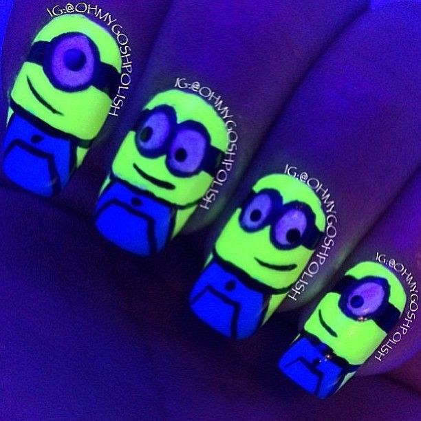 Glow in the dark minions #nails #art Minion Nail Art, Minion Nails, Dark Nail Polish, Glow Nails, Dark Nails, Neon Nails, Cute Nail Art, Nail Polish Designs, Dream Nails