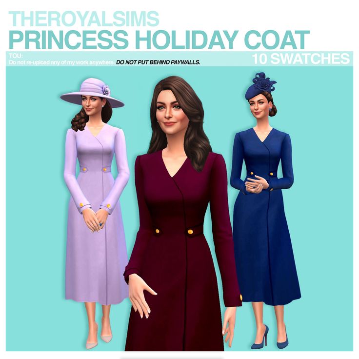 three women in dresses and hats for the simss princess holiday coat 10 swatches