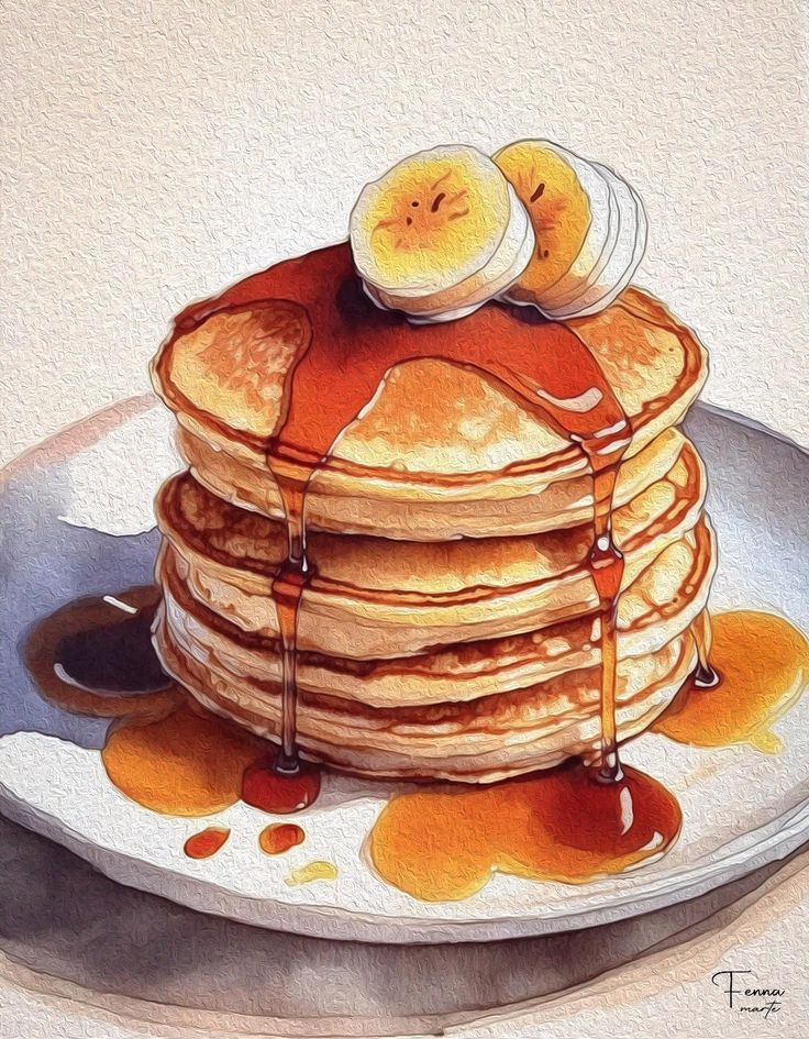 a painting of pancakes with syrup and bananas on top