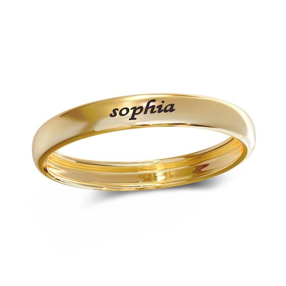 This engravable silver wedding band is as unique as you. Customize this ring with up to 10 characters to make it your own. Made in responsibly sourced sterling silver with 14K plated yellow gold for everyday wear with proper care. Shank Width: 2.87 mm Shank Height: 1.2 mm Character Limit: 1-10 *This ring is available in select sizes only. **Sterling silver rings cannot be resized after purchase. Stackable Signet Ring With Thick Band For Anniversary, Gold Engraved Stackable Ring With Round Band, Yellow Gold Engraved Initial Ring For Promise, Stackable Thick Band Signet Ring For Anniversary, Classic Engraved Stackable Promise Ring, Classic Stackable Engraved Promise Ring, Engraved Thick Band Promise Ring, Customizable Yellow Gold Jewelry For Promise, Personalized Dainty Gold Engraved Ring