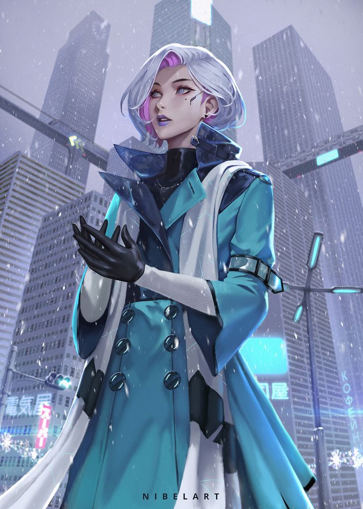 an anime character standing in front of a cityscape with snow falling on her