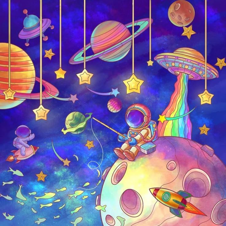 an astronaut is sitting on top of the planet with planets and stars in the background