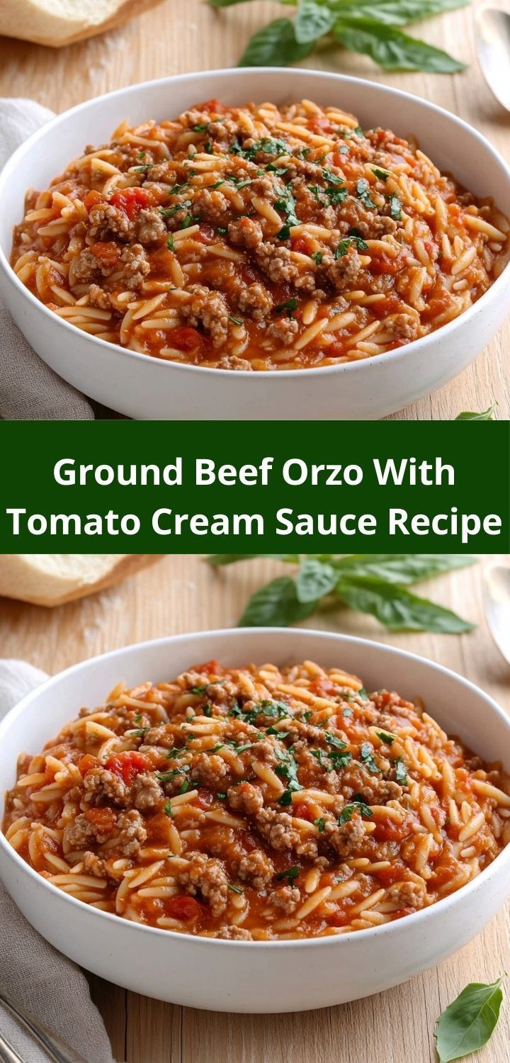 two bowls of ground beef orzo with tomato cream sauce and bread on the side