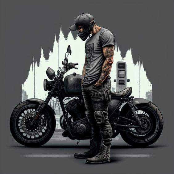 a man standing in front of a motorcycle