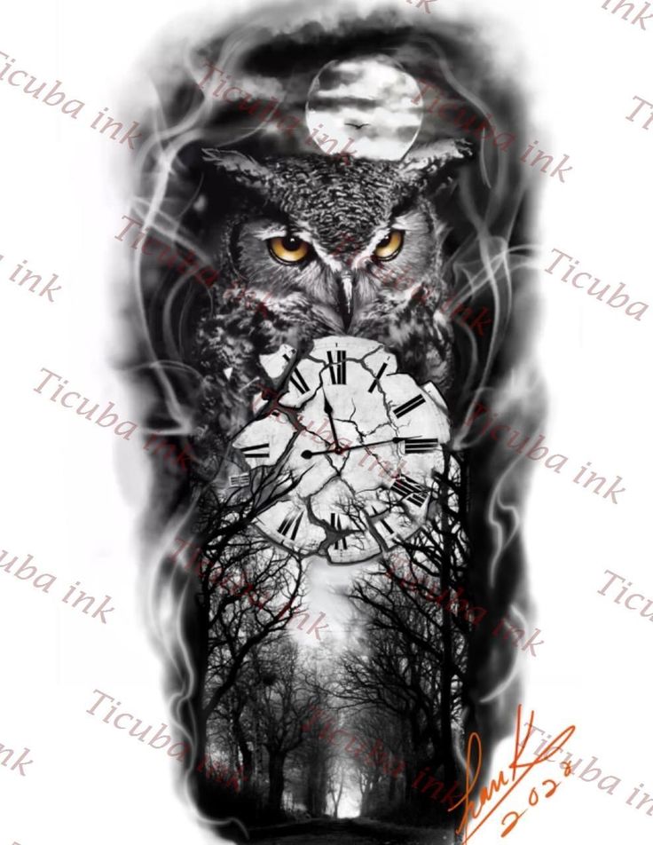 an owl with a clock on its face is shown in black and white inks