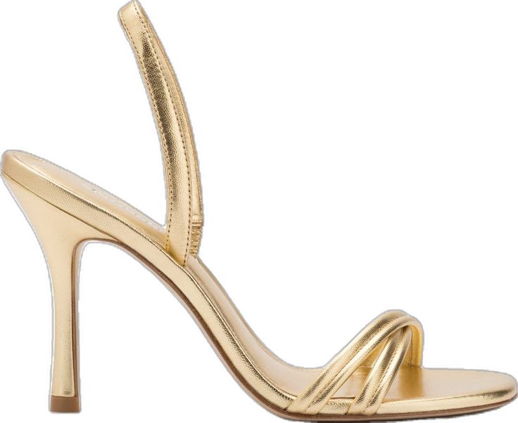 Sleek Gold Heels With Single Toe Strap, Sleek Gold Sandals With Single Toe Strap, Sleek Gold Heels For Summer, Sleek Gold Evening Sandals, Sleek Gold Sandals For Evening, Sleek Gold Sandals With 4-inch Heel, Gold Sandals With Padded Heel For Night Out, Sleek Gold Open Toe Heels, Sleek Gold Heels With Padded Heel