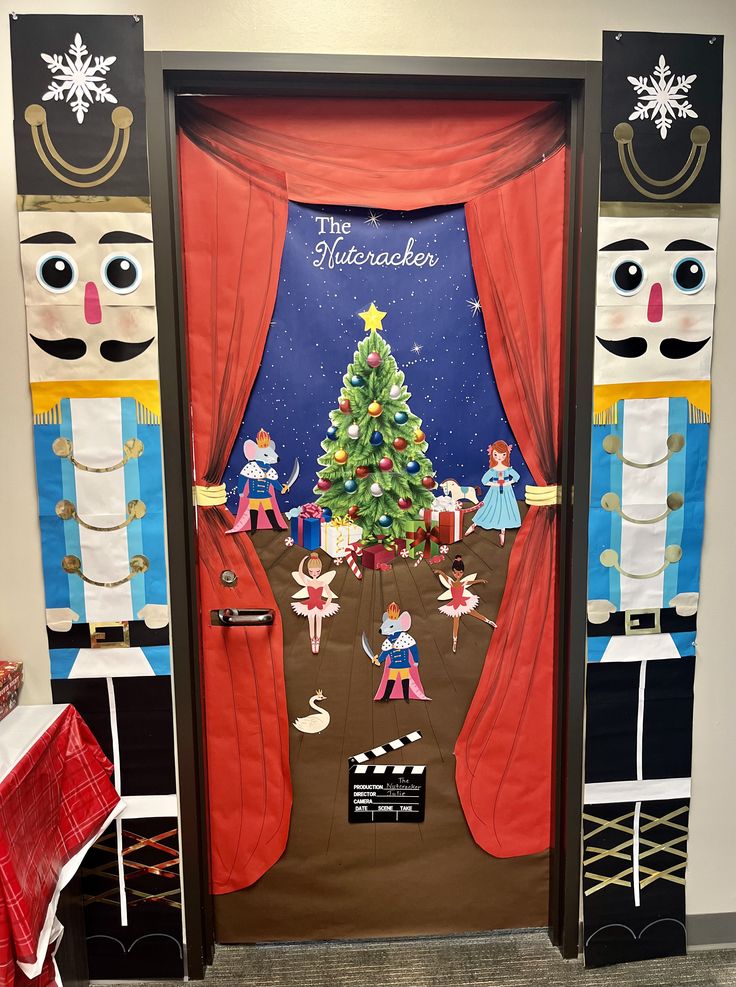 a decorated door with an image of a christmas tree and nutcrackers