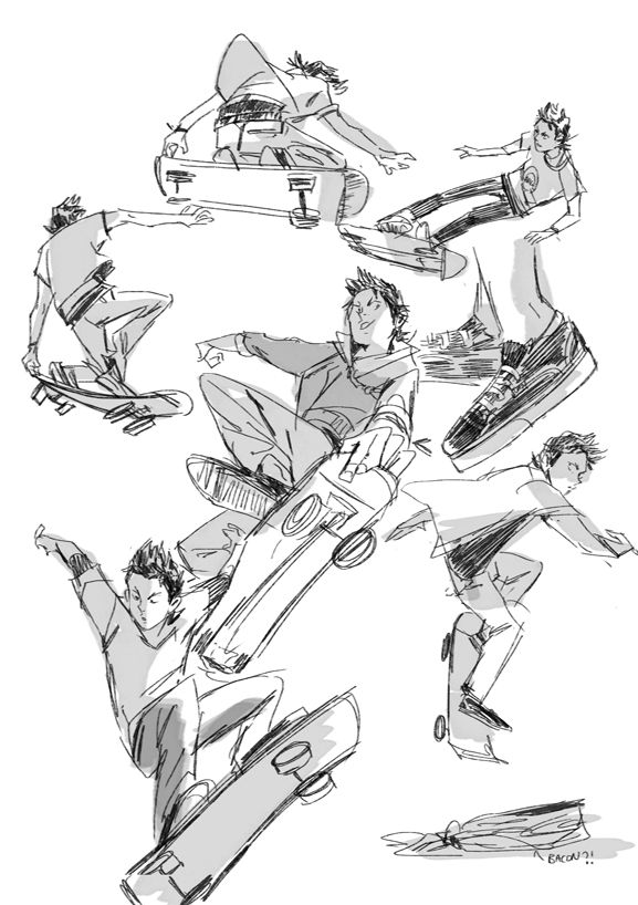 a black and white drawing of people riding skateboards in different positions on their boards