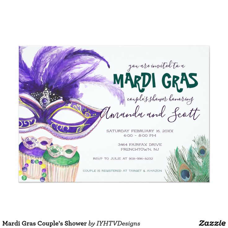 mardi gras masquerade birthday party card with purple and green feathers on it