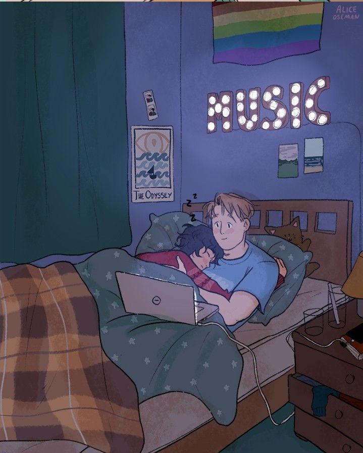 a person laying in bed with a stuffed animal on their lap and the words music above them