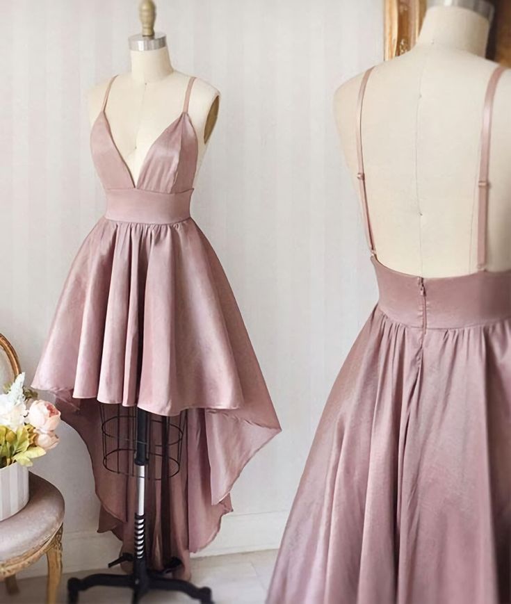 Simple V Neck High Low Dress High Low Prom Dress, Formal Dresses Graduation, High Low Prom Dresses, Pink Party Dresses, Pink Homecoming Dress, Dress Homecoming, Short Homecoming Dress, Short Prom Dress, فستان سهرة