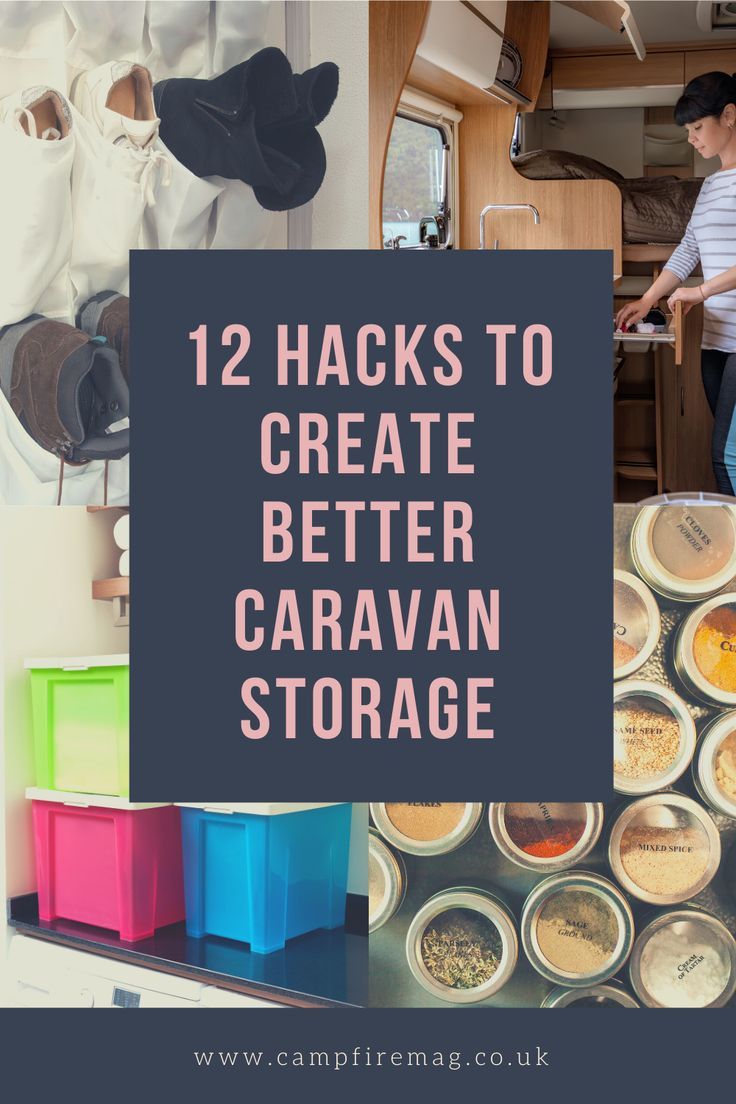 two people standing in the back of a camper with text overlay reading 12 hacks to create better caravan storage