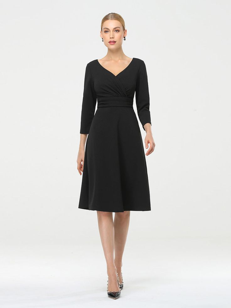 Fit: Please refer to Size Chart. Closure: It is Concealed a Zipper Up The Back. Undergarments: It is Not Padded, without Lining. Fabric: The garment comprises Polyester. Stretch: Fabric is Low Stretch. Casual V-neck Midi Dress For Semi-formal Occasion, Black Midi Dress For Spring Office Wear, Black Midi Dress For Office In Spring, Black Office Dresses For Spring, Black Spring Office Dresses, Classic Black Midi Dress For Spring, Black Midi Dress For Semi-formal Fall Events, Black Midi Dress For Semi-formal Fall Occasions, Spring Formal Black Midi Dress