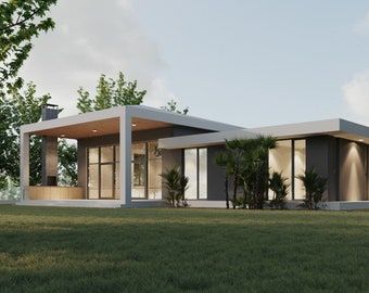 a rendering of a modern house in the middle of a grassy area with trees and bushes