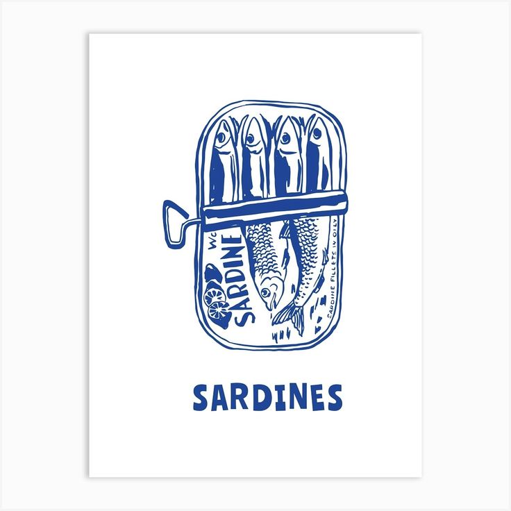 a blue and white illustration of sardines in a jar with the words sardines on it