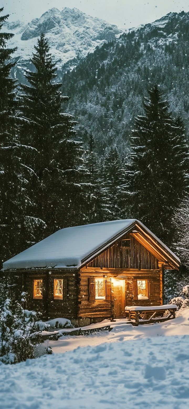 a cabin in the snow with trees and mountains in the backgrouds behind it