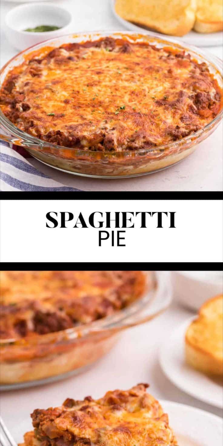 two different views of spaghetti pie on plates