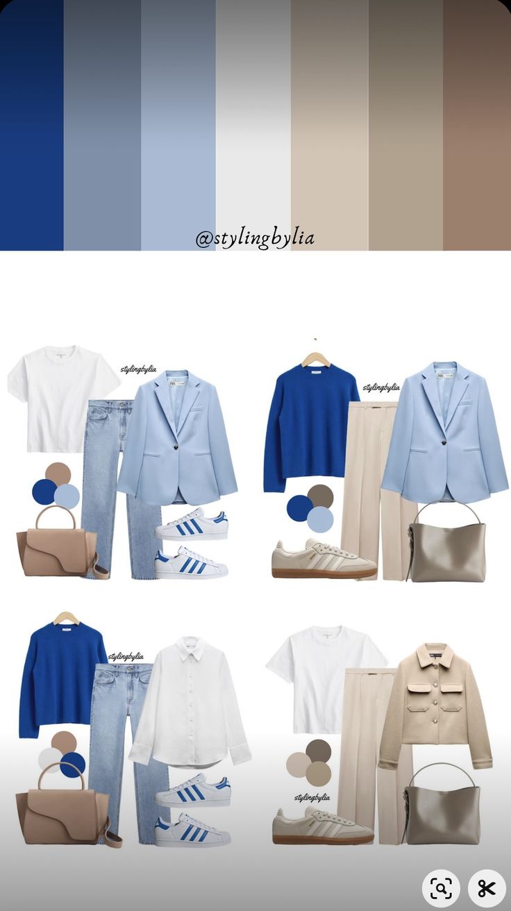 What Colors Go With Light Blue Clothes, Light Blue And Tan Outfit, Dusty Blue Outfit Color Combos, Cream And Blue Outfits, Outfits Color Azul, Summer Color Palette Clothes, Blue And Khaki Outfit, Winter Color Palette Clothes, Beige And Blue Outfit