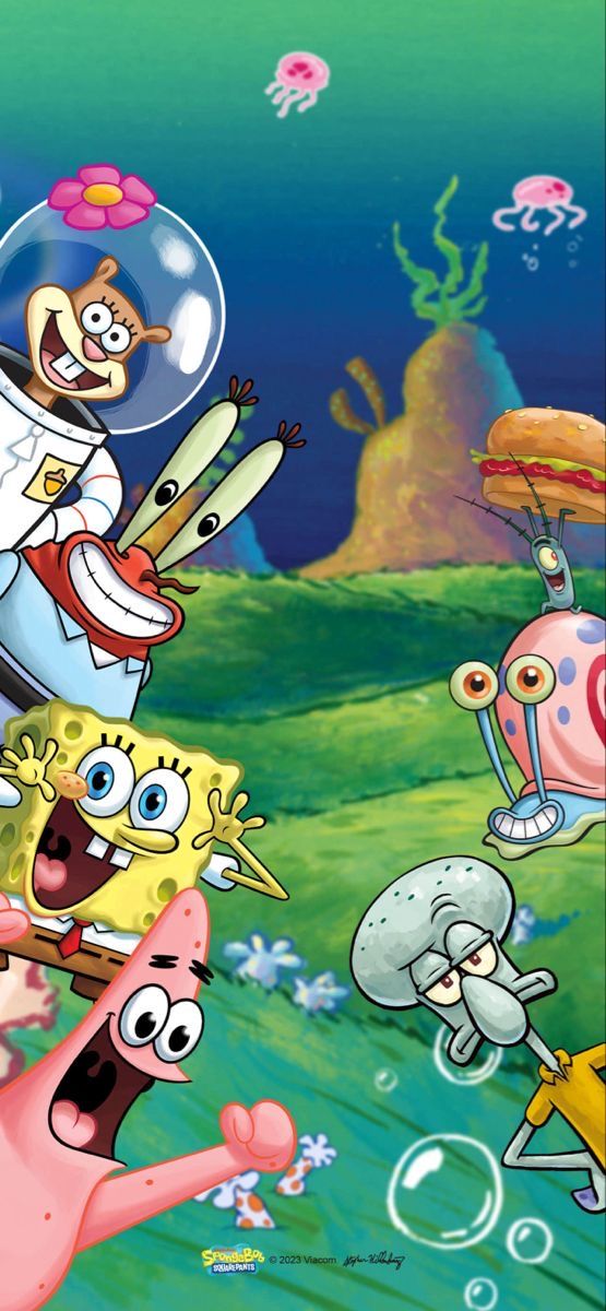 spongebob and friends in the water with bubbles