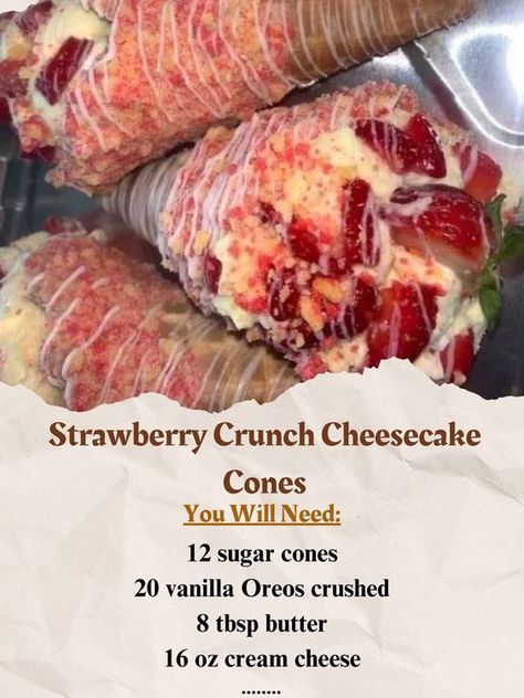 an advertisement for strawberry crunch cheesecake cones with information about the toppings and how to make them