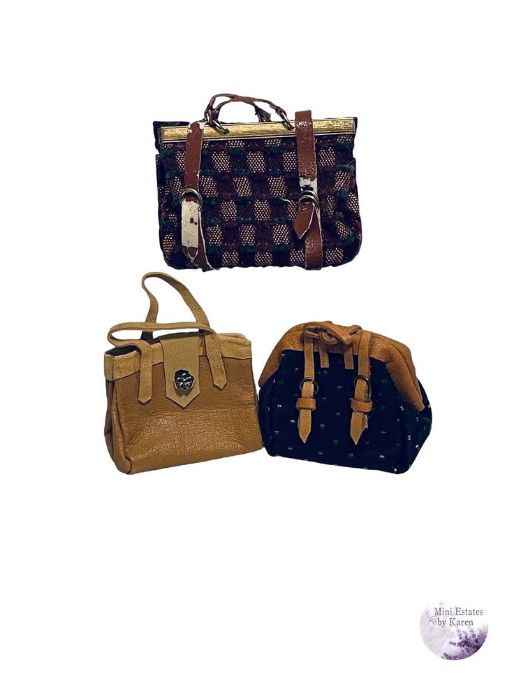 "These are 1\" scale vintage carpet bags that are done several different ways. There is in a brown check pattern that has leather straps and handles. Leather is coming off the straps and is sold as is. There is tan bag or a black & tan bag. Brown Checked Pattern Bag Measures: 2 1/2\" L x 1 1/8\" W x 2\" H Tan Bag Measures: 1 3/4\" L x 1\" W x 1 1/2\" H Brown & Tan Bag Measures: 2\" L x 1\" W x 1 3/4\" H Comes from a miniature estate and a smoke free environment." Brown Square Satchel With Handles, Brown Bags With Brass Hardware And Double Handle, Brown Rectangular Satchel With Handles, Brown Satchel With Brass Hardware And Double Handle, Vintage Brown Square Bag, Brown Handheld Satchel With Leather Handles, Brown Satchel With Brass Hardware, Brown Shoulder Satchel With Brass Hardware, Rectangular Shopping Bags With Brass Hardware