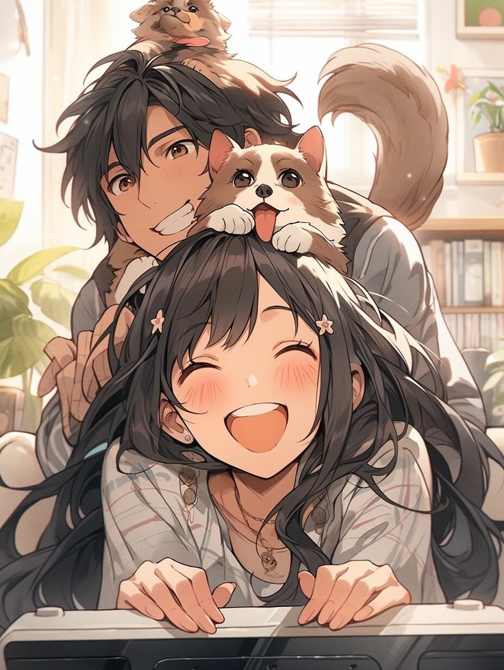 two people with cats on their shoulders and one woman holding a cat over her head