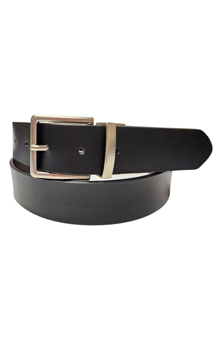 A sleek buckle adds a polished finish to a reversible belt crafted from smooth leather. 35mm Leather Imported Modern Black Belt With Rectangular Buckle, Black Formal Belt With Buckle Closure, Formal Black Belt With Buckle Closure, Black Business Belt With Buckle Closure, Black Buckle Belts For Business, Black Business Belts With Buckle Closure, Black Belt With Buckle Closure, Modern Business Belts, Modern Belts With Rectangular Buckle For Business