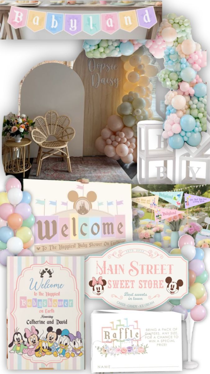 a collage of photos with balloons and other items in the foreground, including a baby's welcome sign